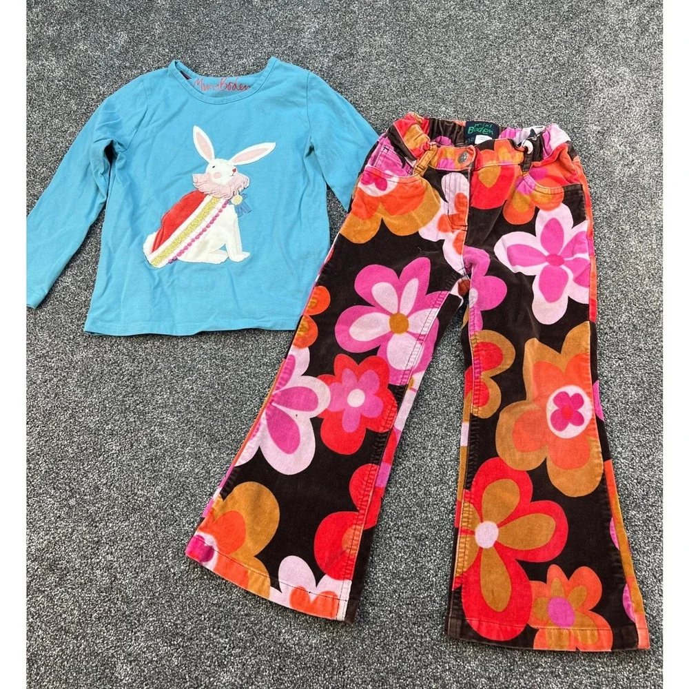Mini Boden Bunny Graphic Tee and Retro Floral Corduroy Flare Pants Girls 3-4Y